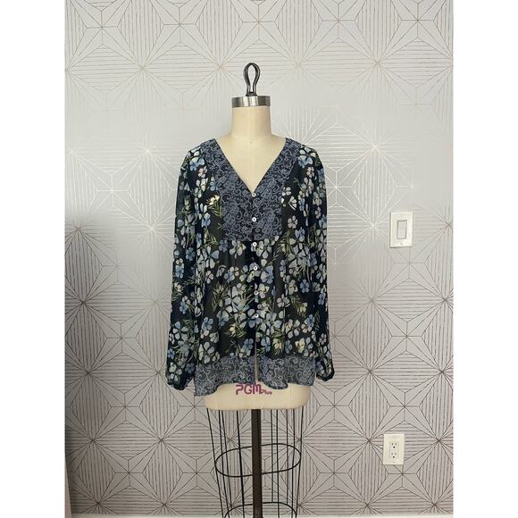 J.Jill Blue Semi Sheer Long Sleeve Floral Boho Blouse Cottagecore sz Large $89 - Picture 7 of 12